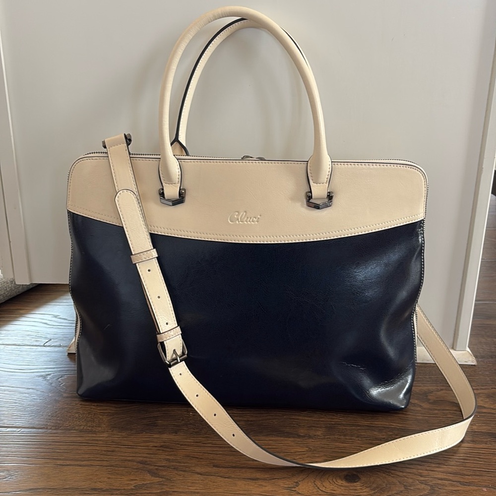 CLUCI Briefcase Women Oil Wax Leather Laptop Bag 15.6” Work Bag Navy/cream